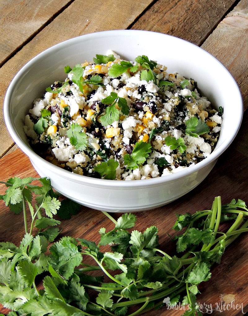 ex-Mex Black Bean Quinoa Salad is full of protein, and fiber, fills you up, makes you feel good, and doesn't skimp on taste. From www.bobbiskozykitchen.com