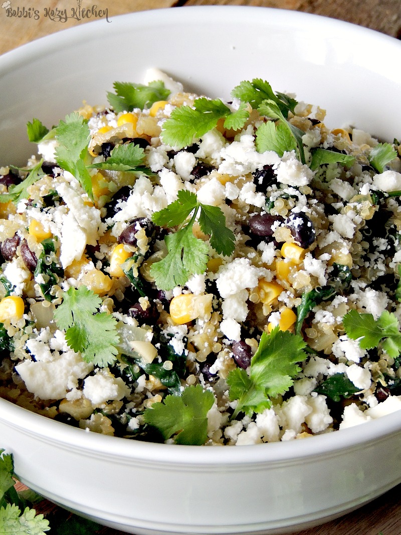 ex-Mex Black Bean Quinoa Salad is full of protein, and fiber, fills you up, makes you feel good, and doesn't skimp on taste. From www.bobbiskozykitchen.com