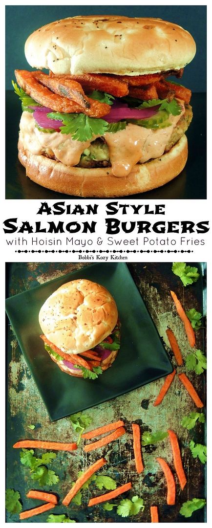Asian Style Salmon Burgers with Hoisin Mayo and Spicy Sweet Potato Fries - Asian flavors come together to make this salmon burger light and bright and simply irresistible!