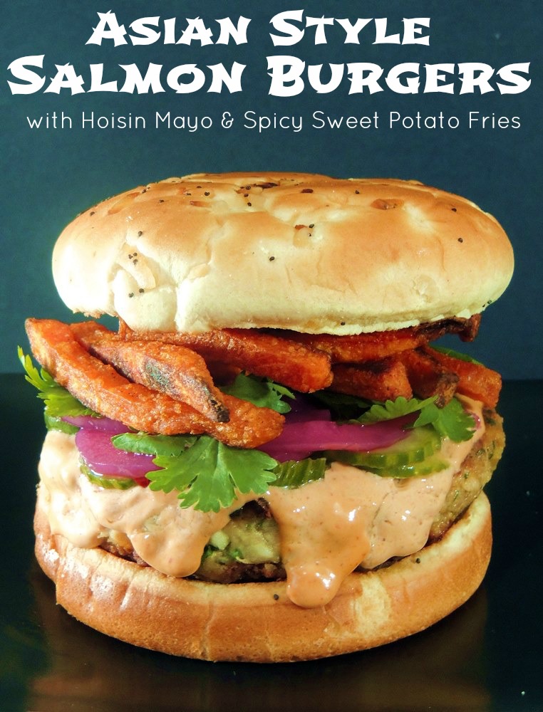 Asian Style Salmon Burgers with Hoisin Mayo and Spicy Sweet Potato Fries