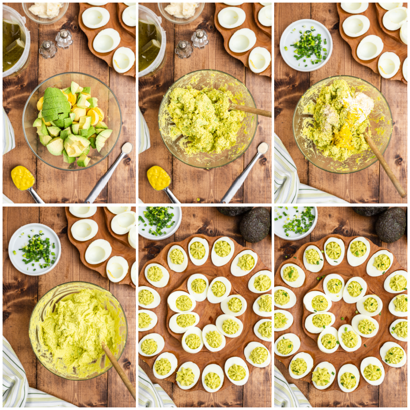Six photos of the process of making Avocado Deviled Eggs.