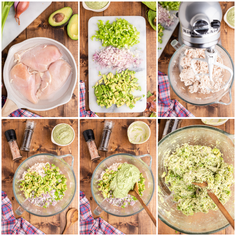 Six photos of the process of making Keto Avocado Ranch Chicken Salad.