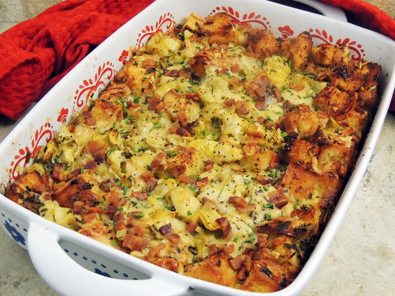 This Bacon, Leek, and Artichoke Bread Pudding recipe is perfect for breakfast, brunch, or as a holiday side dish! #bacon #artichoke #bread #Pudding #stuffing #dressing #thanksgiving #christmas #recipe | bobbiskozykitchen.com