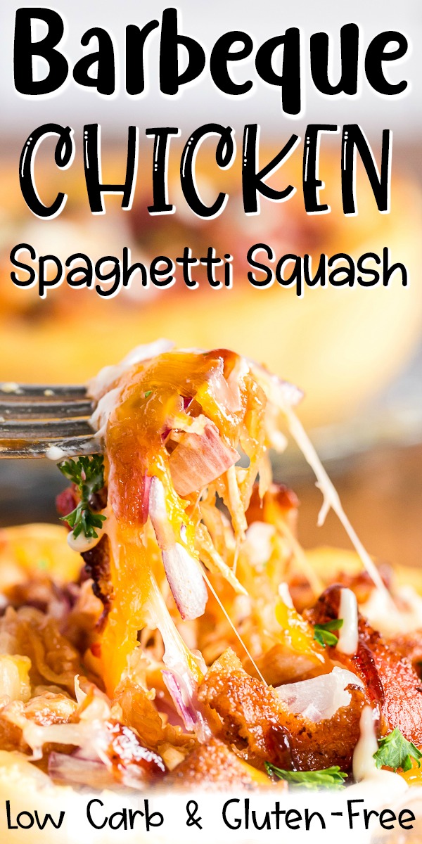 This BBQ Chicken Spaghetti Squash is the perfect low carb way to enjoy your favorite pizza flavors. #lowcarb #keto #glutenfree #spaghettisquash #BBQ #Barbecue #chicken #recipe | bobbiskozykitchen.com