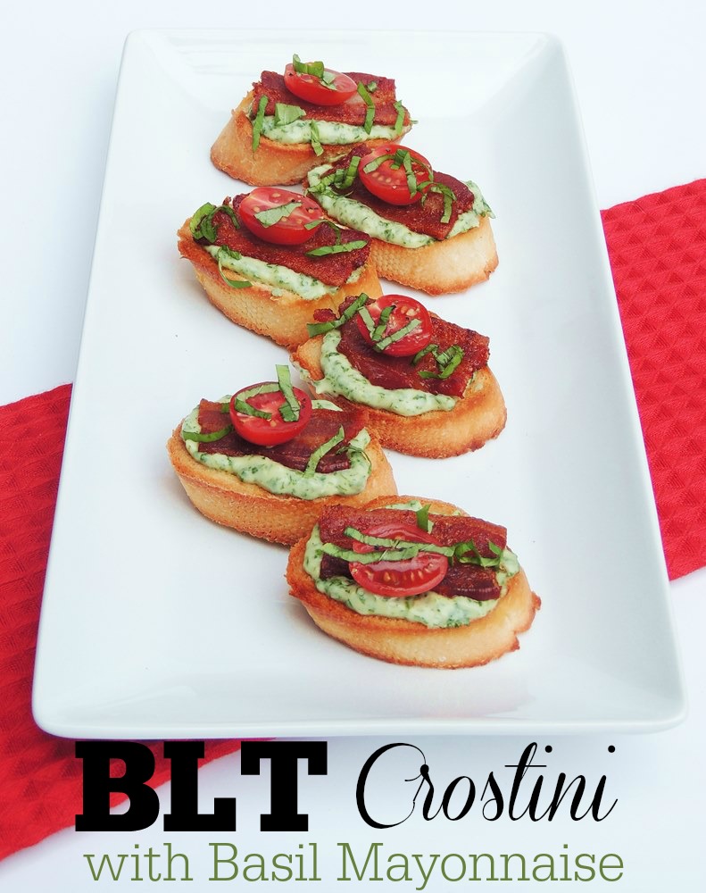 BLT Crostini with Basil Mayonnaise are the perfect bite for your next party from www.bobbiskozykitchen.com