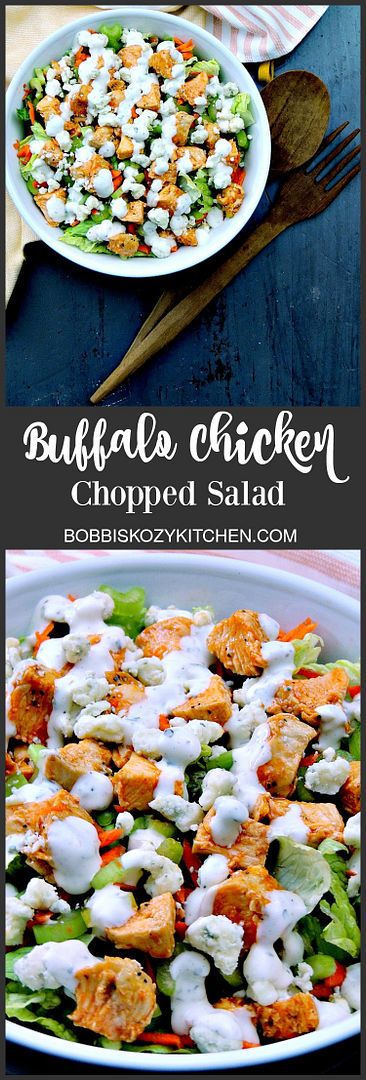 Buffalo Chicken Chopped Salad - Trying to eat lighter doesn't mean you have to forgo your favorite foods. It just takes a little imagination. This salad provides all of those Buffalo Chicken Wing flavors, without the extra calories! From www.bobbiskozykitchen.com