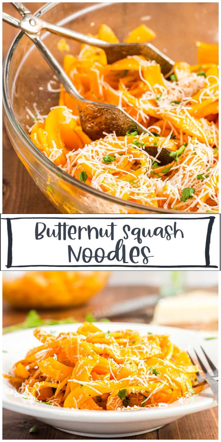 Butternut Squash Noodles - These roasted Butternut Squash Noodles are topped with a nutty browned butter, Parmesan cheese, and a sprinkling of fresh chopped parsley, for a delicious dish that cooks in 10 minutes, or less, and uses very few ingredients. #sidedish #thanksgiving #christmas #lowcarb #keto #glutenfree #pasta #noodles #recipe