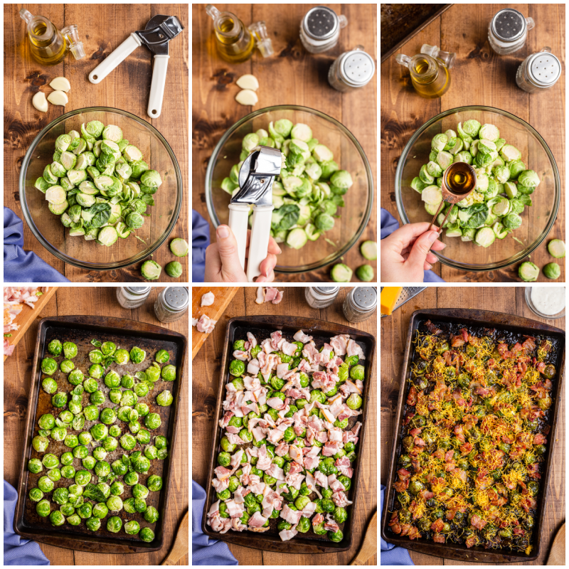 Compilation photo of process shots for making Cheesy Bacon Ranch Brussels Sprouts.