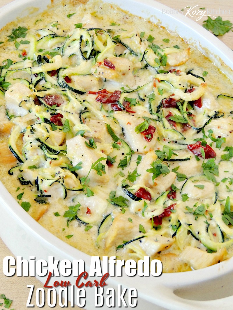 This keto-friendly, low carb Chicken Alfredo Zoodle Bake recipe is so creamy and delicious you will never miss the pasta and it will easily become a family favorite! #lowcarb #keto #chicken #zucchini #zoodle #casserole #easy #recipe | bobbiskozykitchen.com