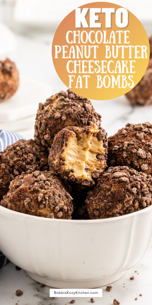 Pinterest graphic with the image of chocolate peanut butter cheesecake fat bombs on it.