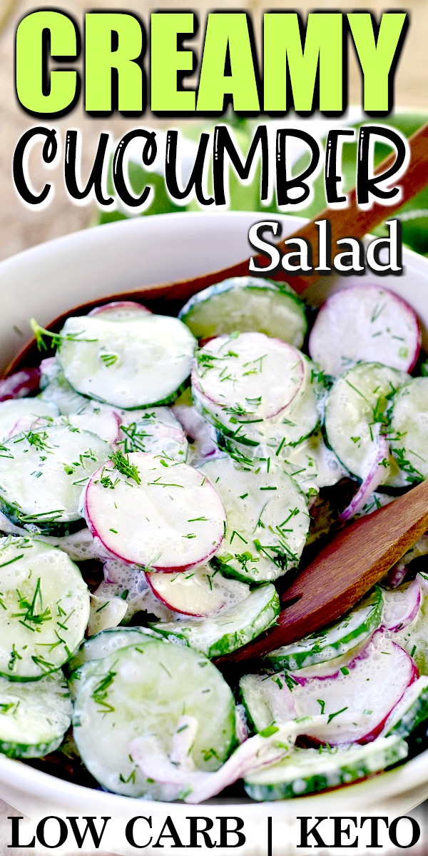 Creamy Cucumber Salad - This low carb cucumber salad recipe is made with fresh cucumbers, radishes, red onions, and fresh herbs, for a keto-friendly side dish that the whole family will love. It's light, creamy, and very easy to make. It is the perfect salad for picnics, pot lucks, or summer grilling. #lowcarb #keto #cucumber #salad #glutenfree #easy #recipe | bobbiskozykitchen.com