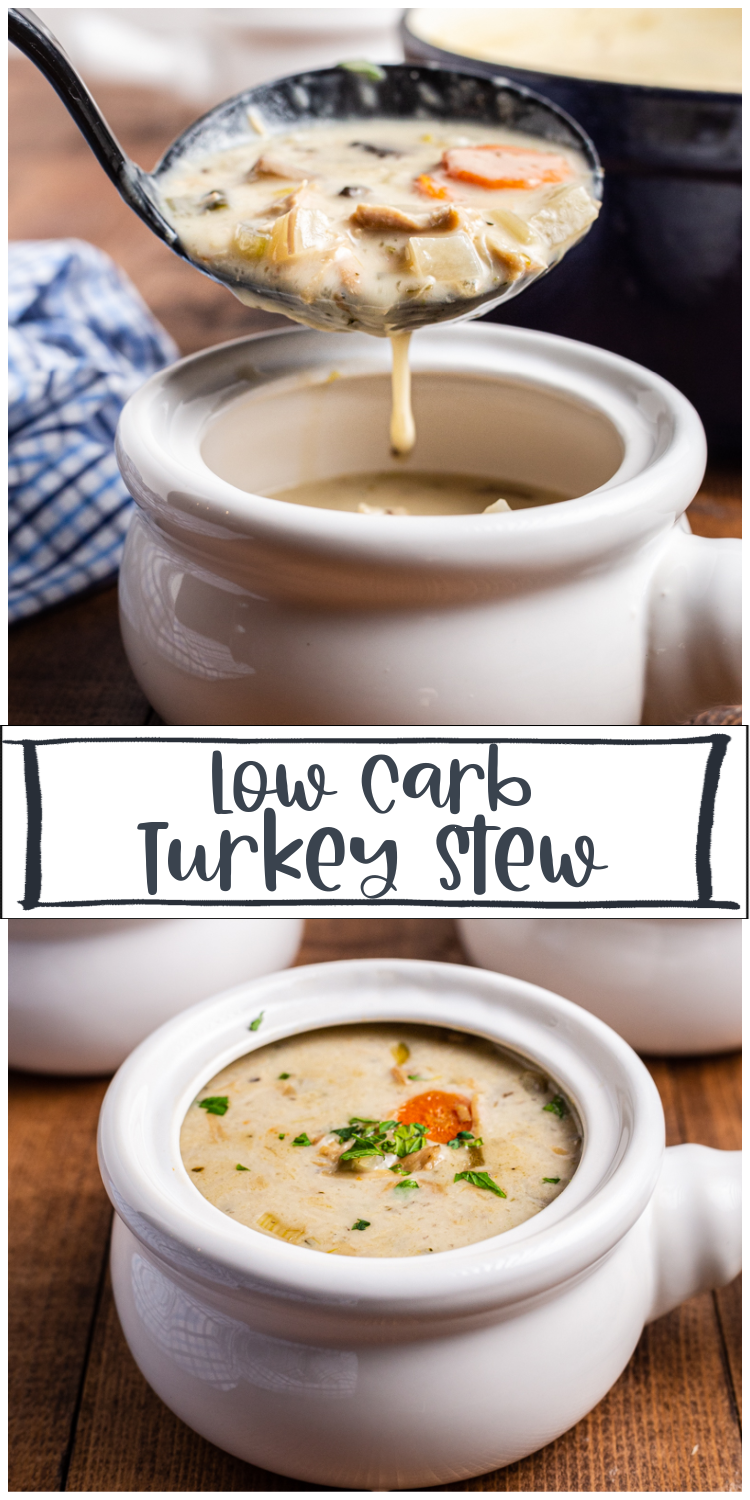 Creamy Low Carb Turkey Stew - This easy to make creamy low carb turkey stew is the ideal way to use that leftover holiday turkey, but can easily be adapted to use leftover chicken. #lowcarb #keto #glutenfree #stew #soup #turkey #chicken #leftover | bobbiskozykitchen.com