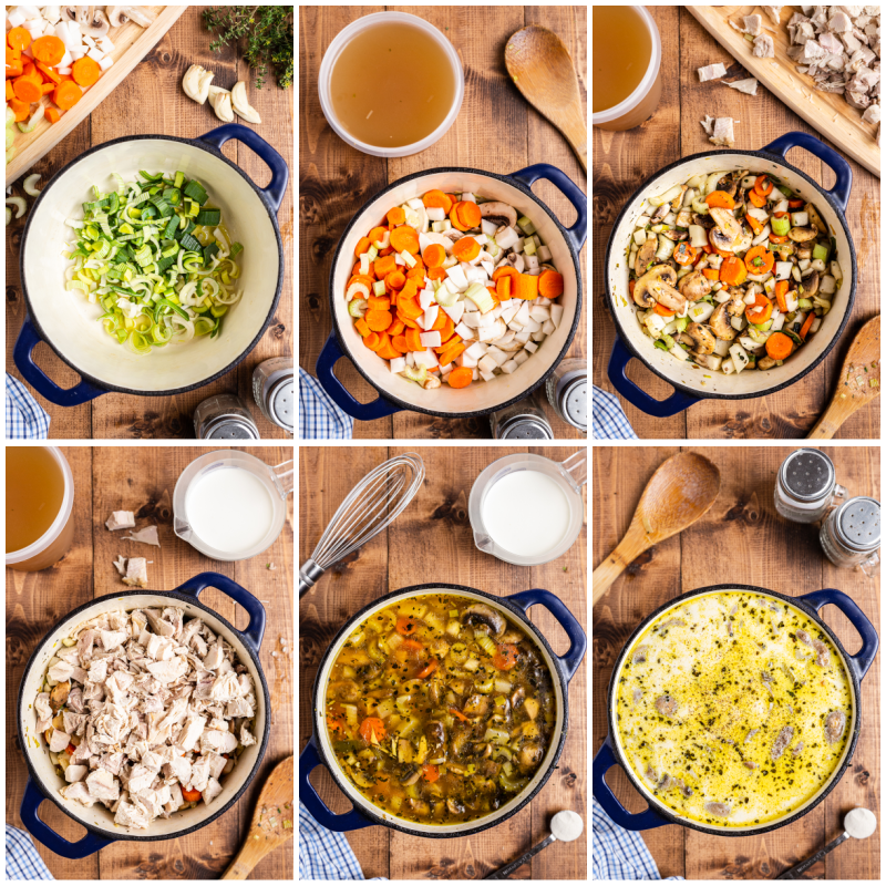 Six process photos of the making of Creamy Low Carb Turkey Stew