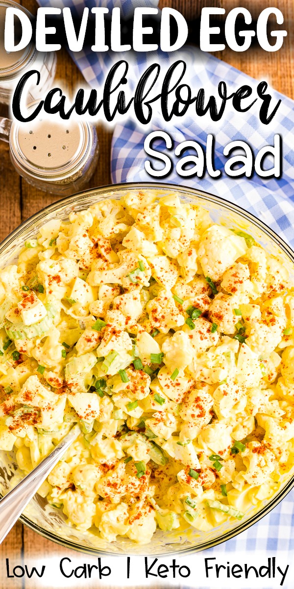 Deviled Egg Cauliflower Salad - This low carb, keto-friendly  Deviled Egg Cauliflower Salad recipe is easy to make and will quickly replace any potato salad recipe you have ever used! #keto #lowcarb #deviledegg #cauliflower #salad #potatosalad #sidedish | bobbiskozykitchen.com