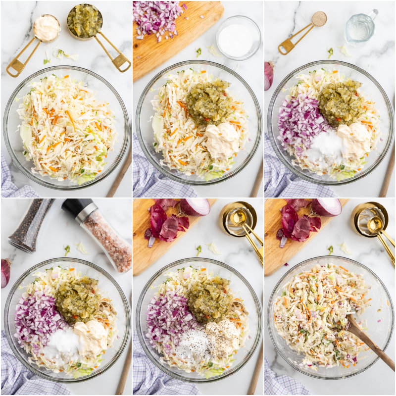 Six photos of the process of making Dill Pickle Coleslaw.