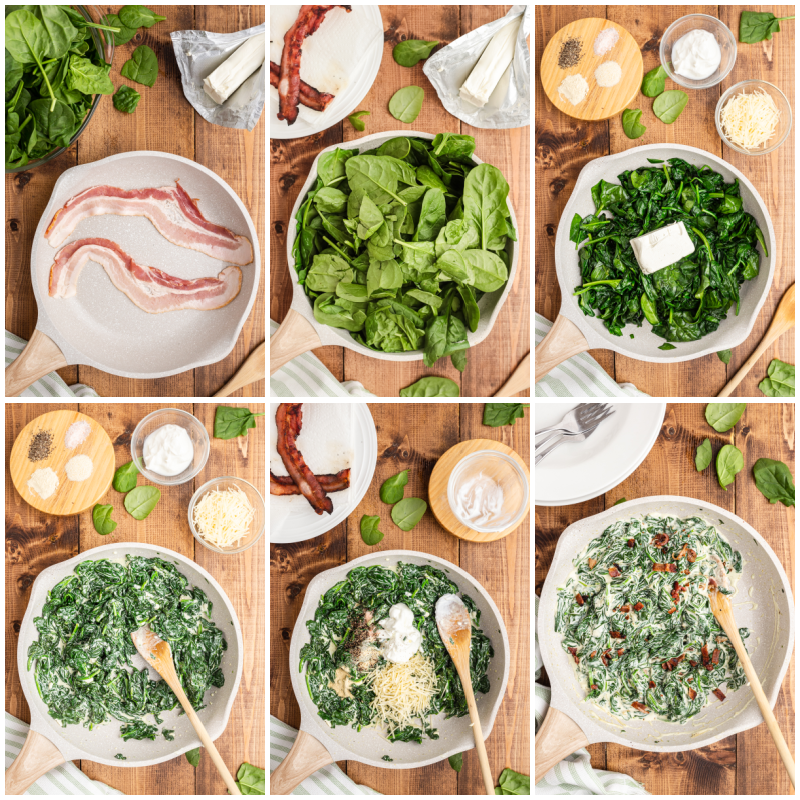 Six photos of the process of making Easy Creamed Spinach.