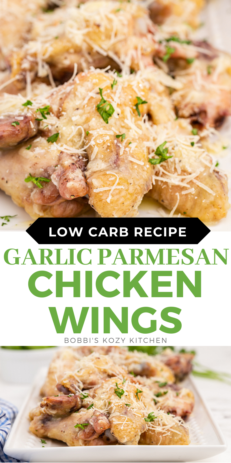 Pinterest graphic with images of keto crispy garlic parmesan chicken wings on it.