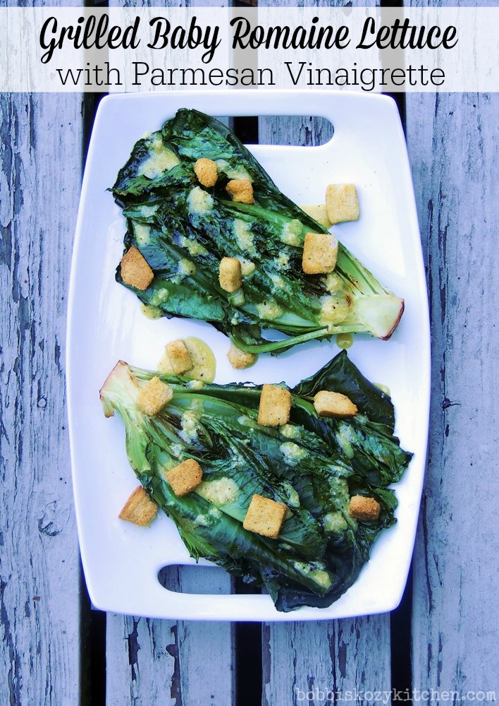 Grilled Baby Romaine Lettuce with Parmesan Vinaigrette - Grilling brings out the sweetness of the lettuce and adds a touch of smoke flavor. It is my new favorite way to make a salad! | From www.bobbiskozykitchen.com