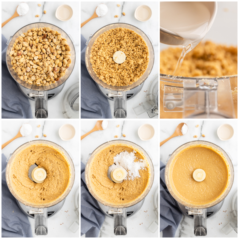 Six photos of the process of making Homemade Peanut Butter.