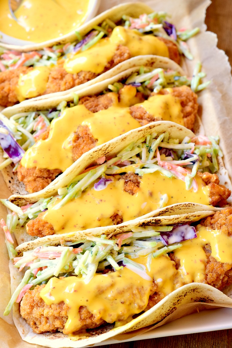 Closeup of Honey Mustard Chicken Tacos on a small baking sheet.