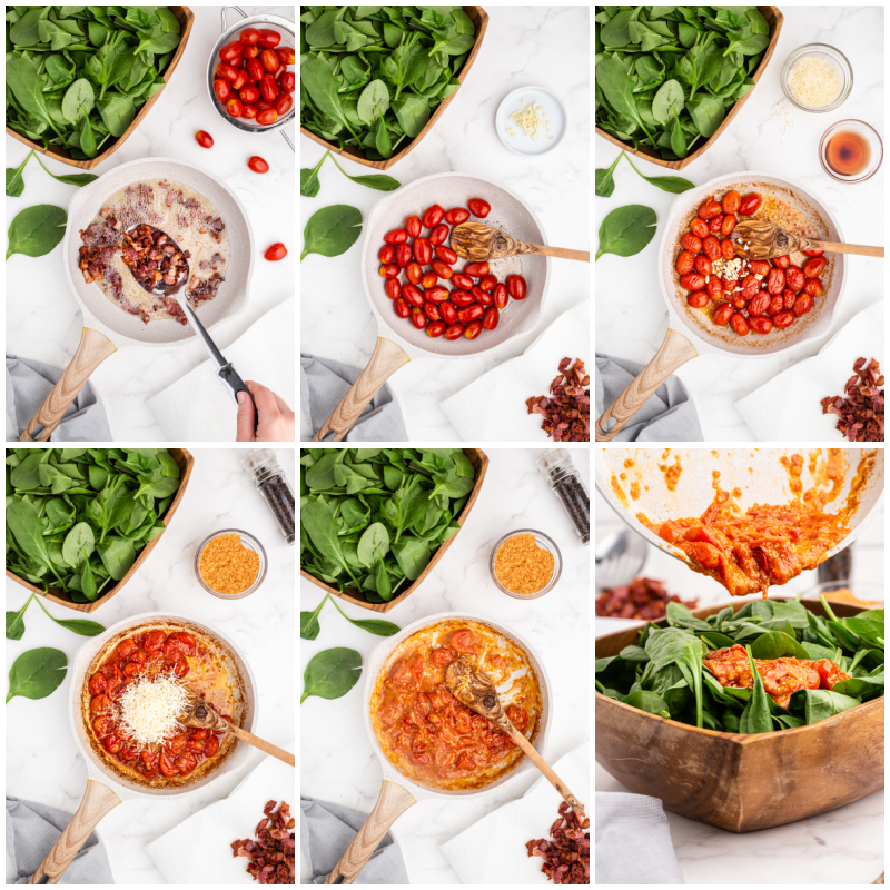 Six photos of the process of making Spinach Salad with Hot Bacon and Tomato Vinaigrette.