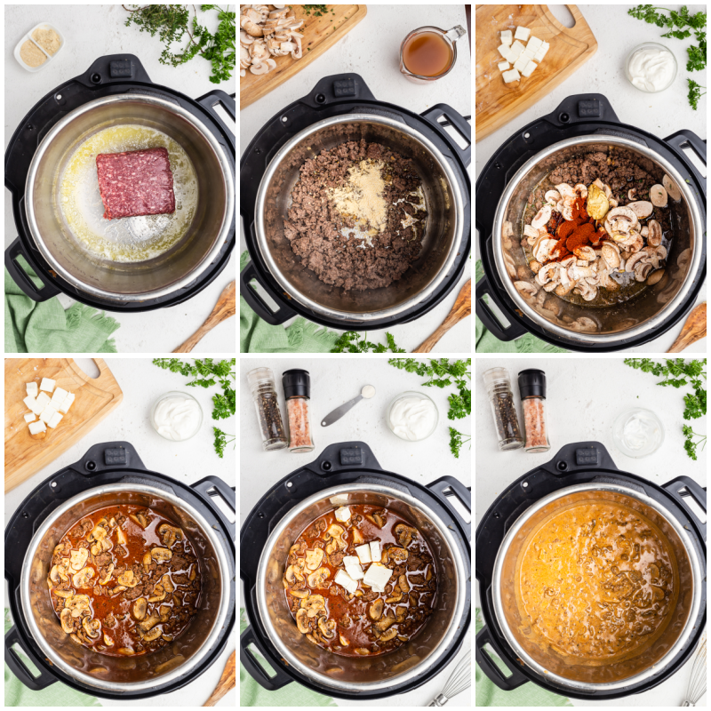 Six photos of the process of making Instant Pot Ground Beef Stroganoff.