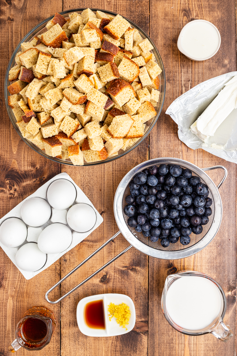 Overhead photo of the ingredients needed to make Keto Blueberry French Toast Bake.