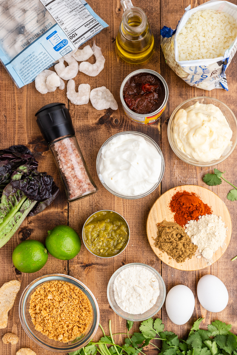 Overhead photo of the ingredients needed to make Low Carb Chipotle Shrimp Burritos.