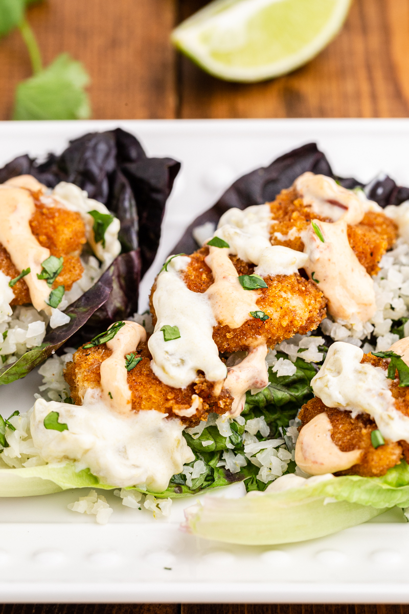 Very close up photo of a Low Carb Chipotle Shrimp Lettuce Wrap.