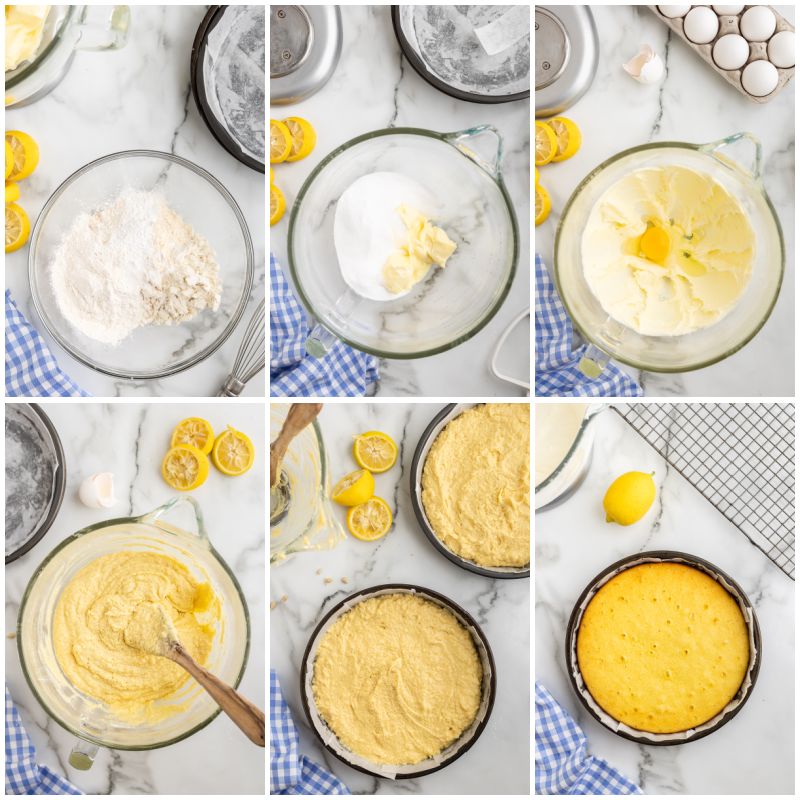 Six photos of the process of making the lemon cake portion of a Keto Lemon Cake with Blackberry Mascarpone Frosting.