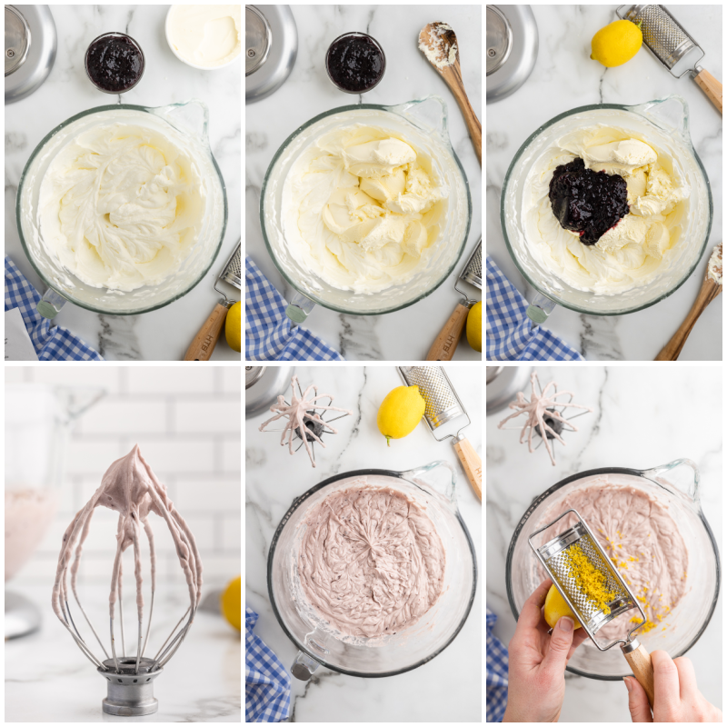 SIx photos of the process of making the Blackberry Mascarpone Frosting for a Keto Lemon Cake with Blackberry Mascarpone Frosting.