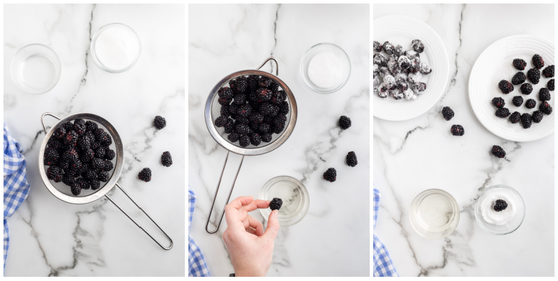 Three photos of the process of making sugar blackberries for a Keto Lemon Cake with Blackberry Mascarpone Frosting.