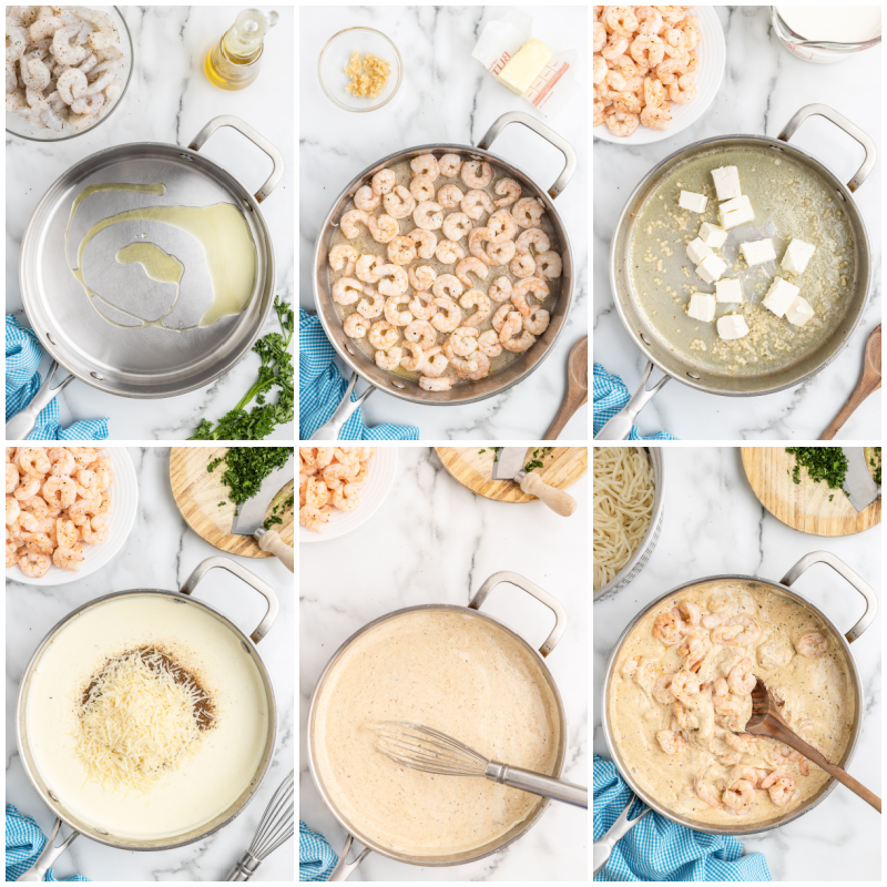 Six overhead photos of the process of making Keto Cajun Shrimp Alfredo.