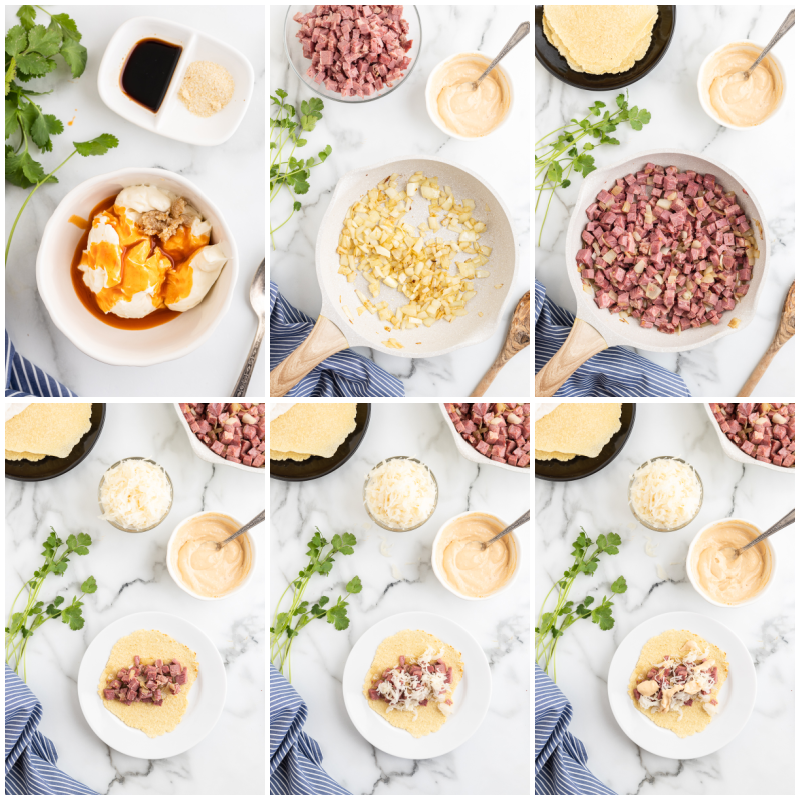 Six overhead photos of the process of making Keto Reuben Tacos.