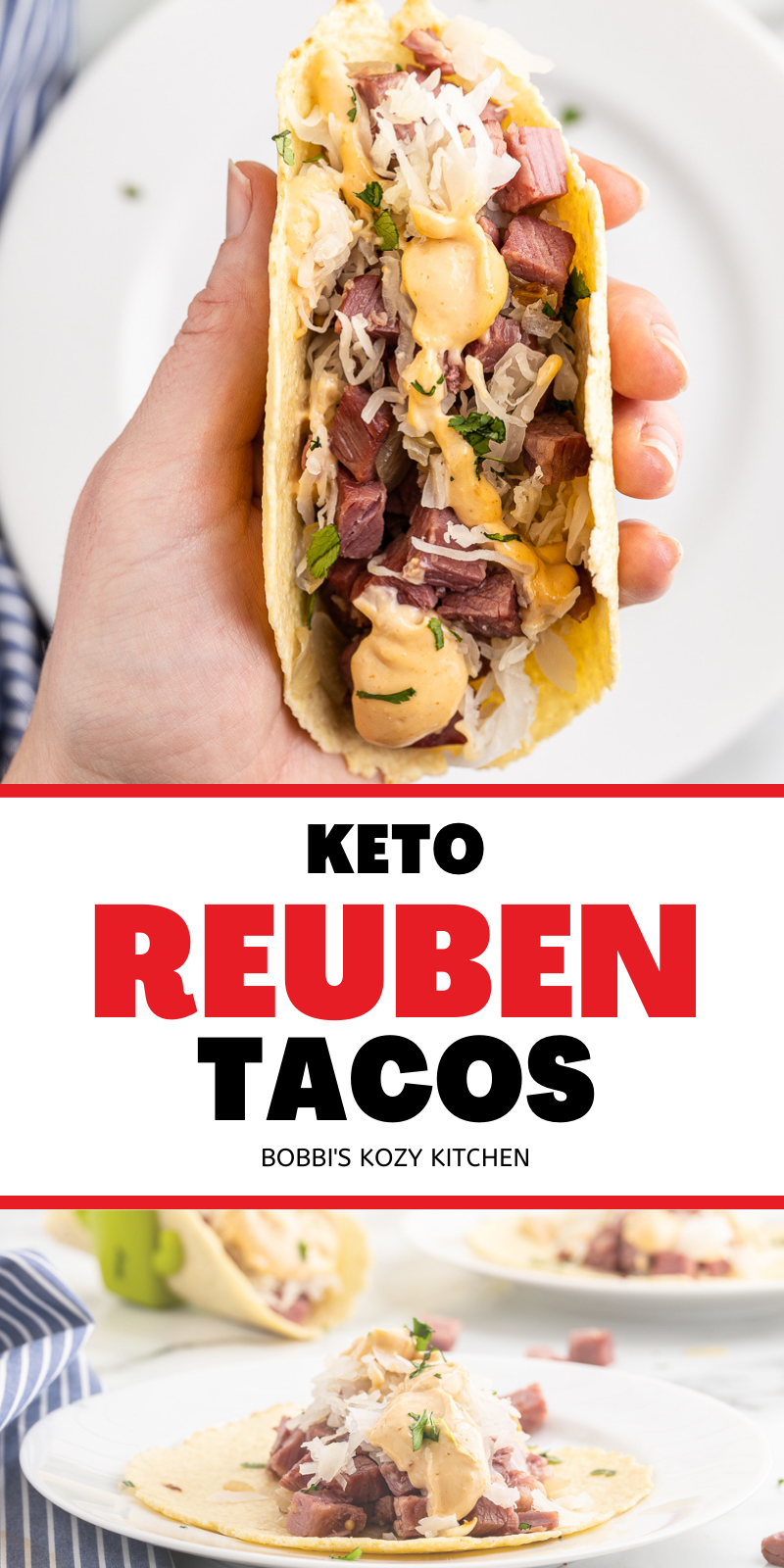 Keto Reuben Tacos - These keto tacos are a great way to change up your St Patrick's Day menu, or a fun way to use up leftover corned beef. They are low carb and gluten-free with less than 3 net carbs per taco. #keto #lowcarb #glutenfree #cornedbeef #reuben #tacos #beef