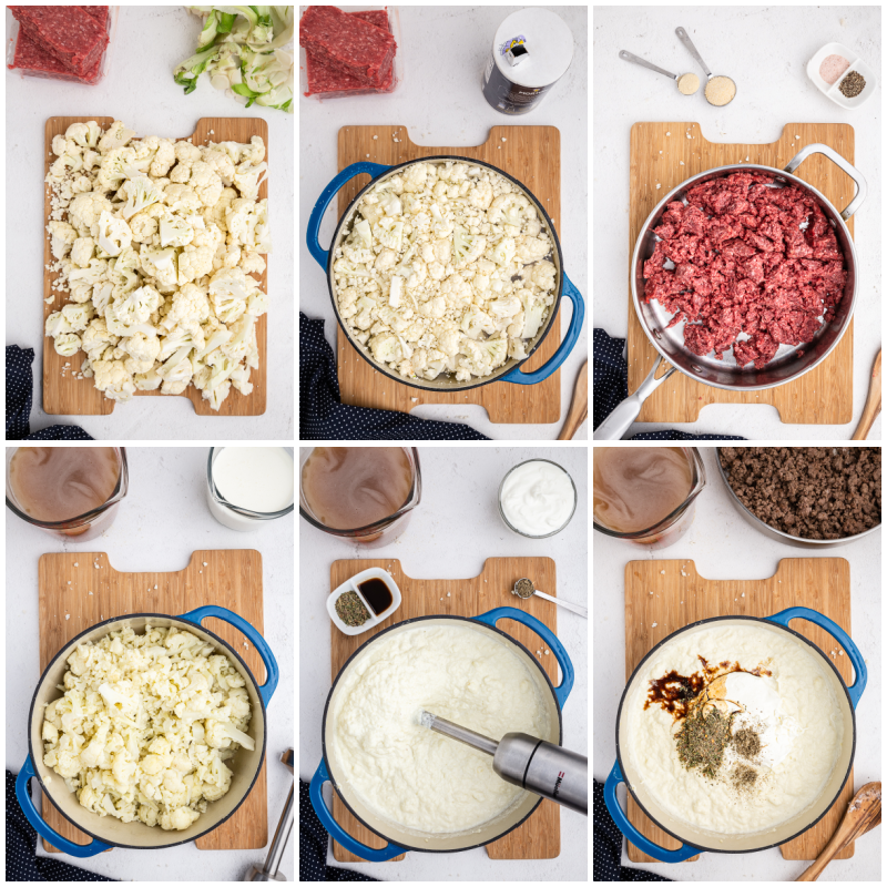 Six photos of the process of making Low Carb Shepherds Pie Soup.
