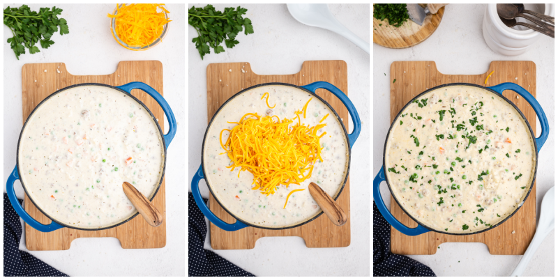 Three photos of the process of making Low Carb Shepherds Pie Soup.