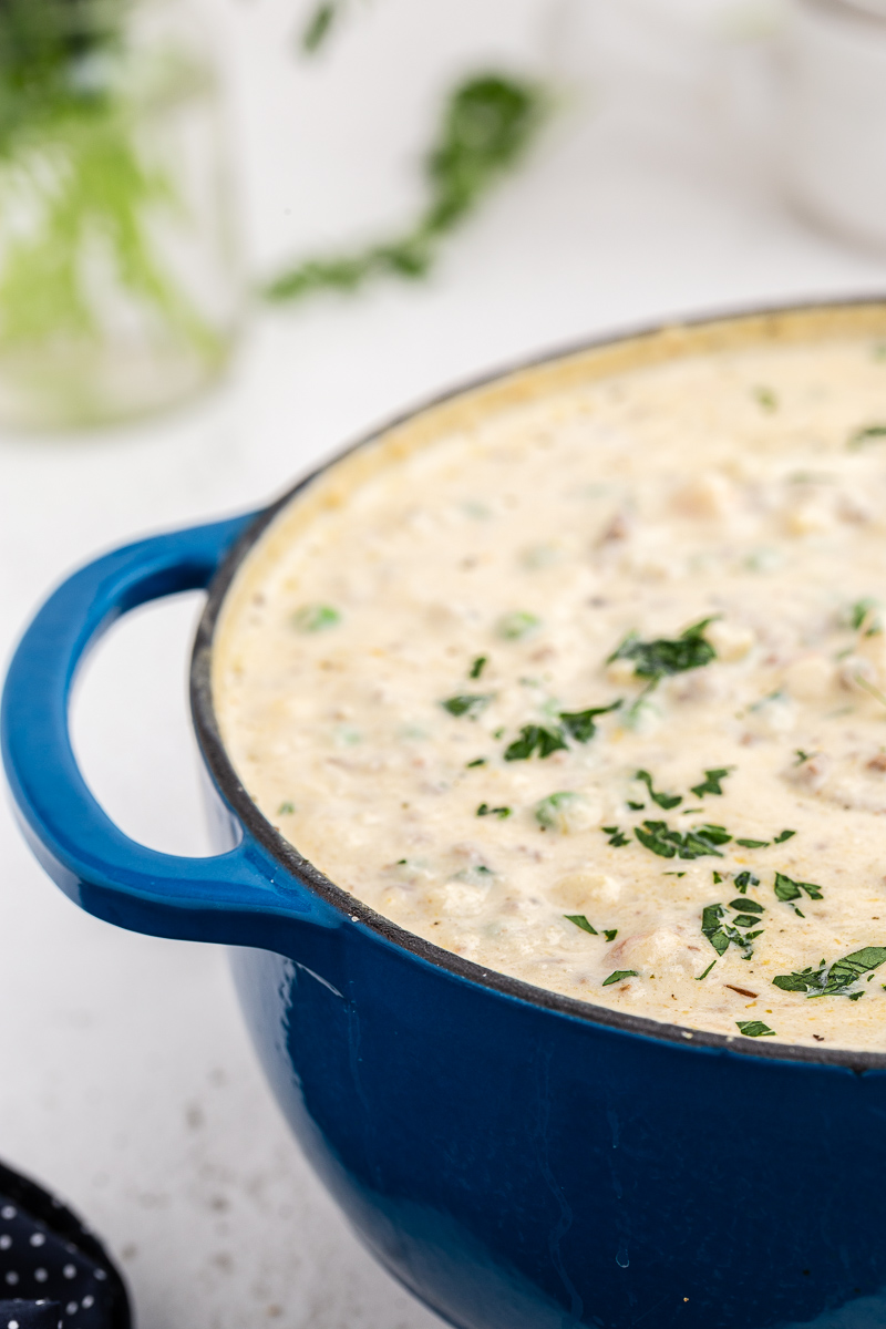 Close up photo of a blue pot full of Low Carb Shepherds Pie Soup.
