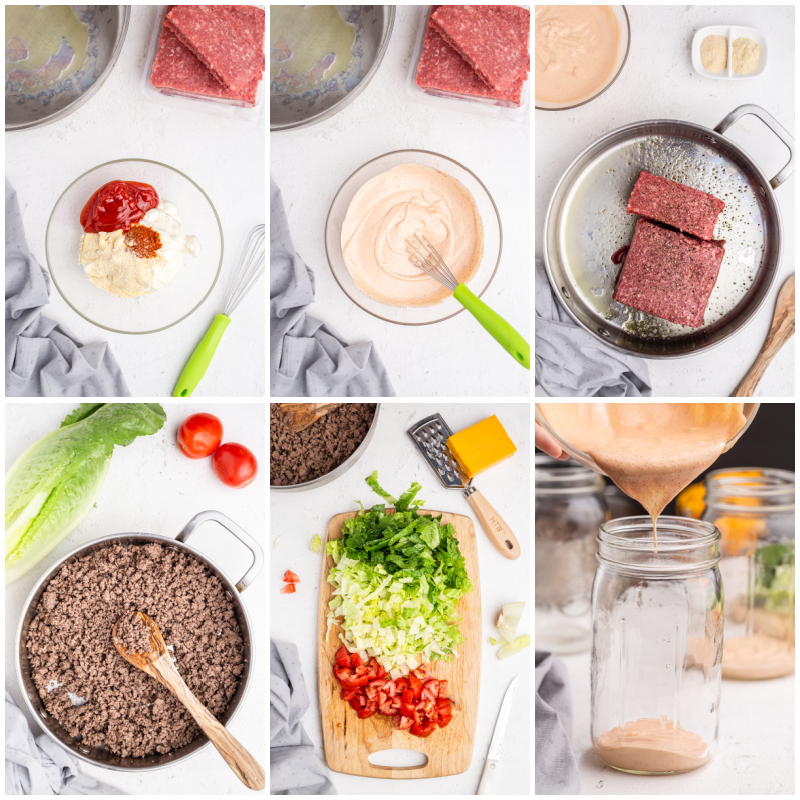 Six photos of the process of making Big Mac Salad in a Jar.