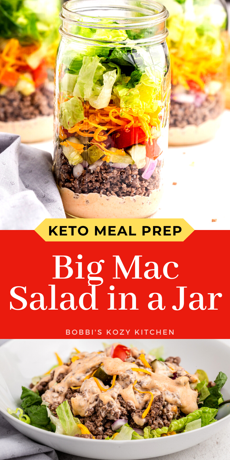 Big Mac Salad in a Jar (Keto Meal Prep) - This Big Mac Salad in a Jar recipe is the perfect way to meal prep for your keto and low carb lunches. You get all the flavor of your favorite fast food cheeseburger without the carbs! #keto #lowcarb #glutenfree #sugarfree #salad #bigmac #cheeseburger #saladinajar