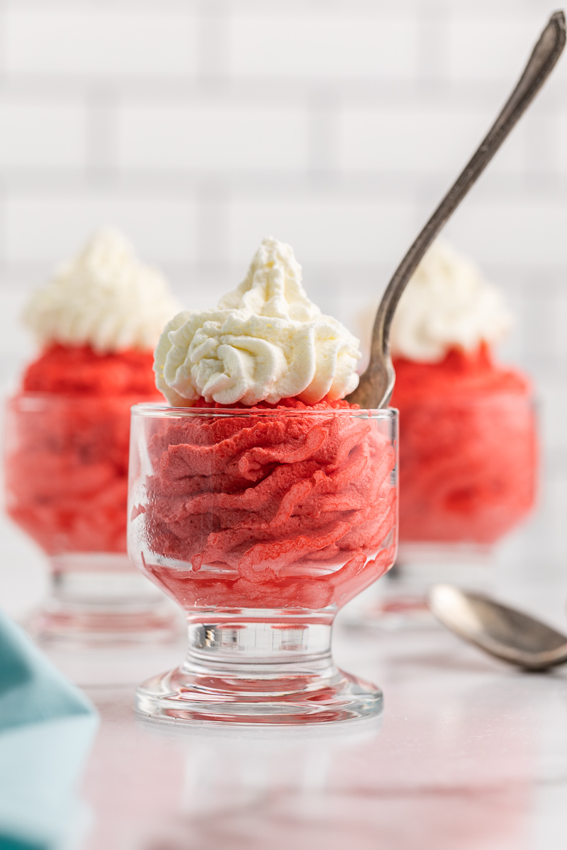 The glass dessert cups filled with Keto Red Velvet Mousse.