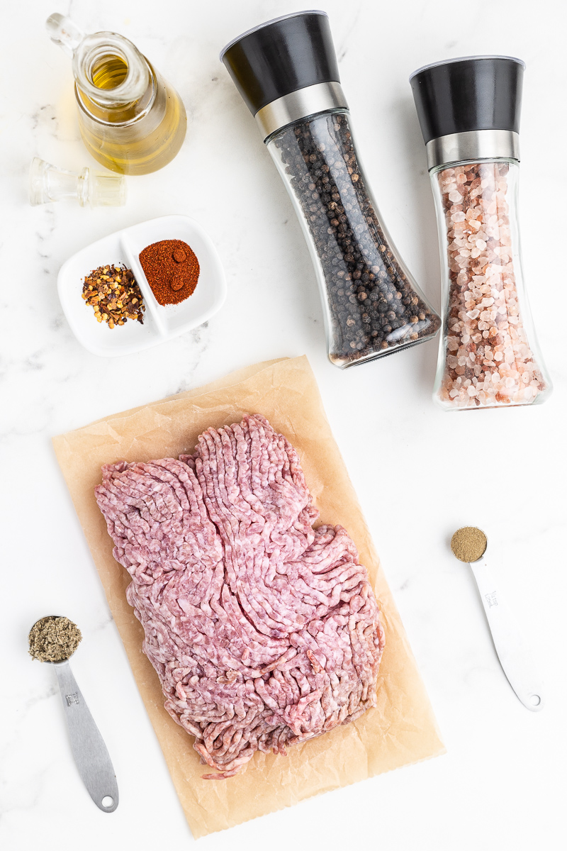 Overhead photo of all of the ingredients needed to make Keto Country Breakfast Sausage.