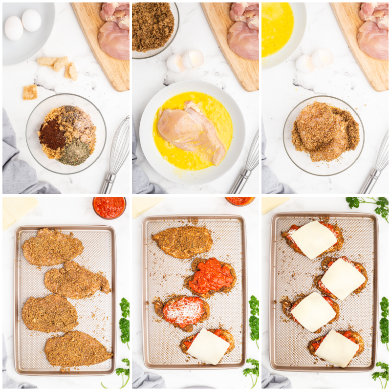 Six overhead photos of the process of making Keto Sheet Pan Chicken Parmesan.