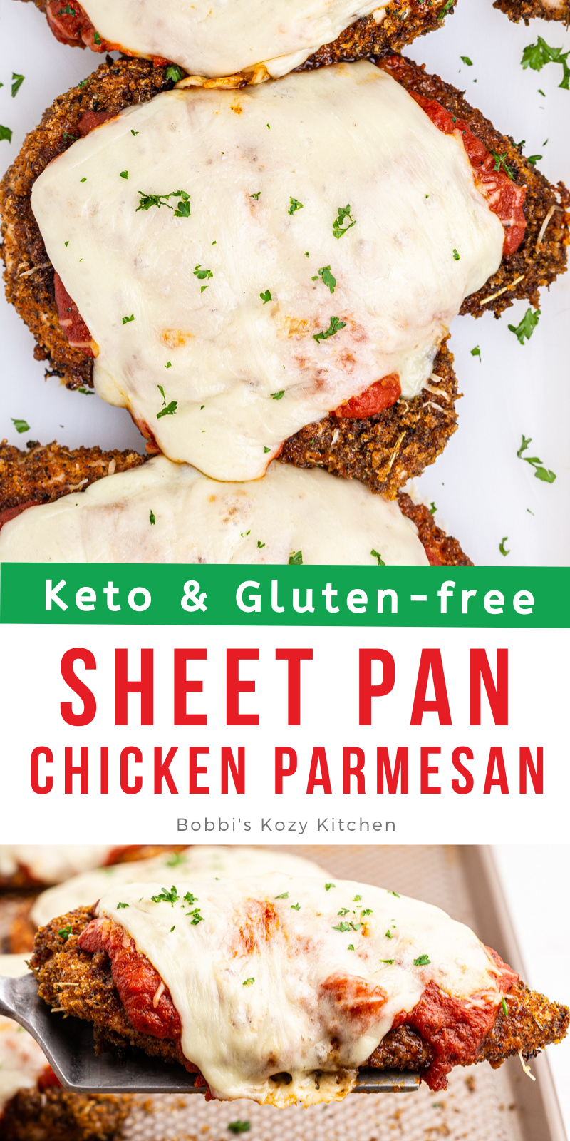 Keto Sheet Pan Chicken Parmesan - Crispy chicken topped with marinara sauce and cheese, all baked to perfection, no one will be able to tell it is low carb and gluten-free! #keto #lowcarb #glutenfree #Italian #chicken #parmesan #chickenparm #sheetpan #recipe
