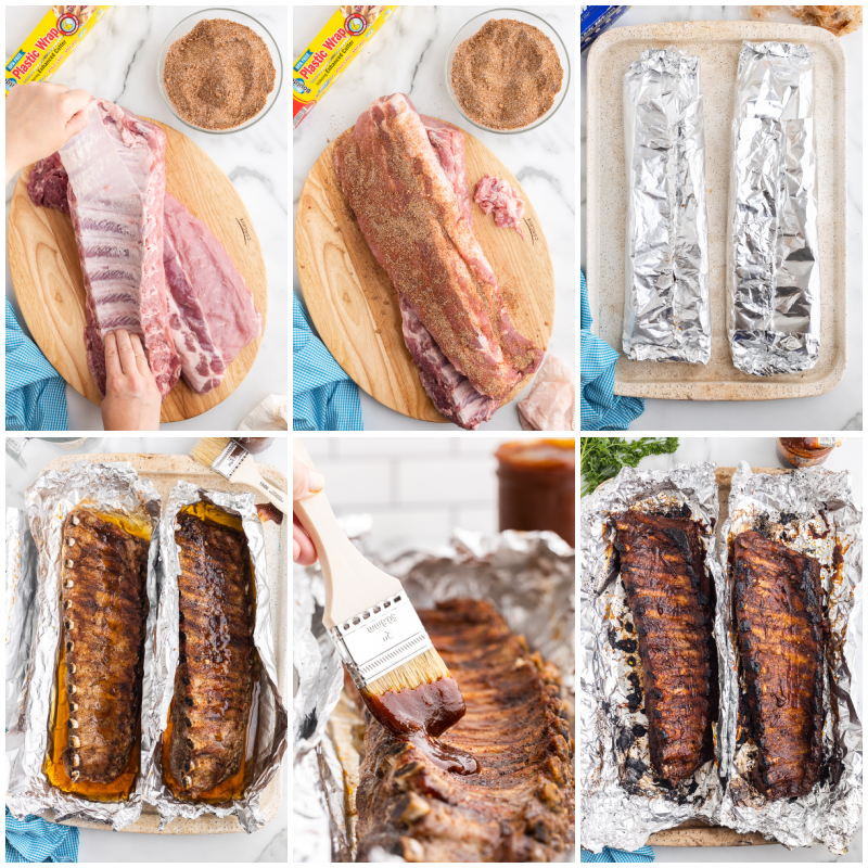 Six photos of the process of making keto BBQ ribs.