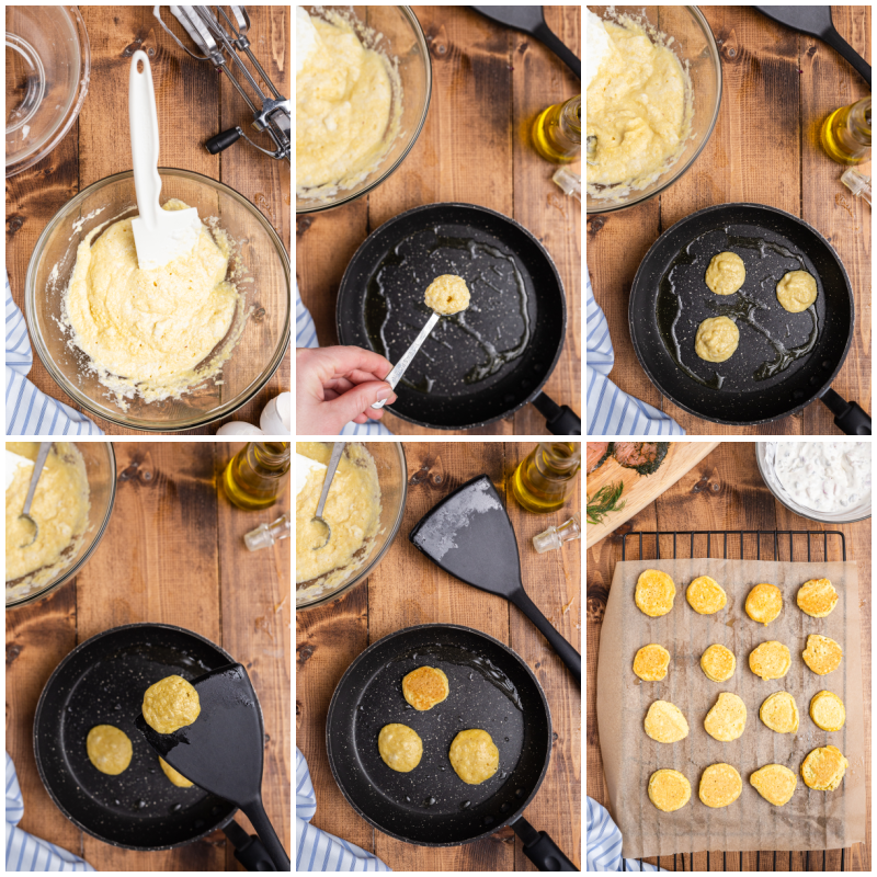 Six more process photos of making Keto Blinis with Smoked Salmon Pate.