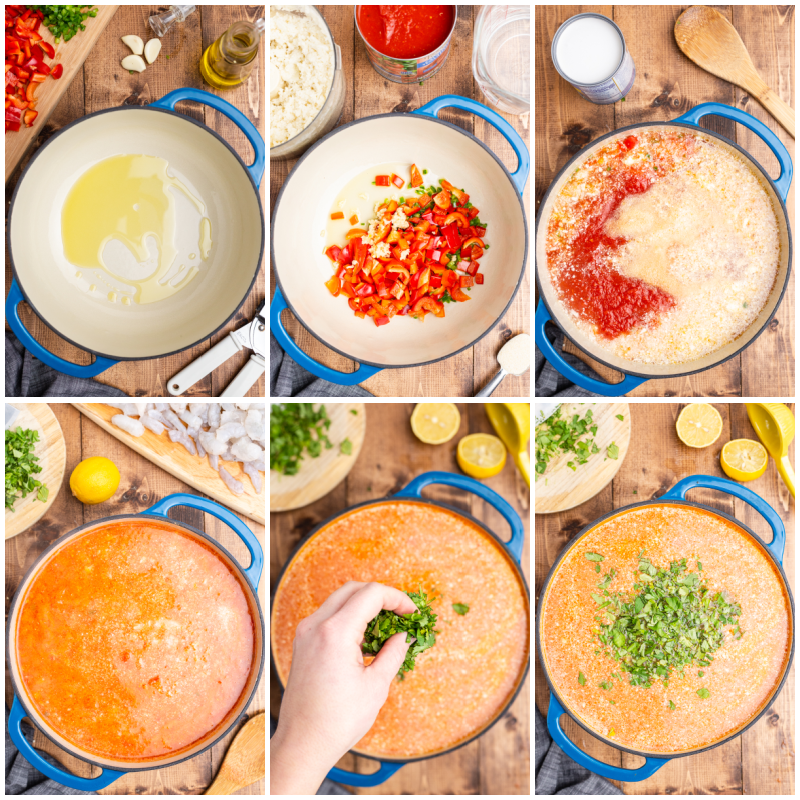 Six process photos of how to make Keto Brazilian Shrimp Stew (Moqueca de Camaroes).