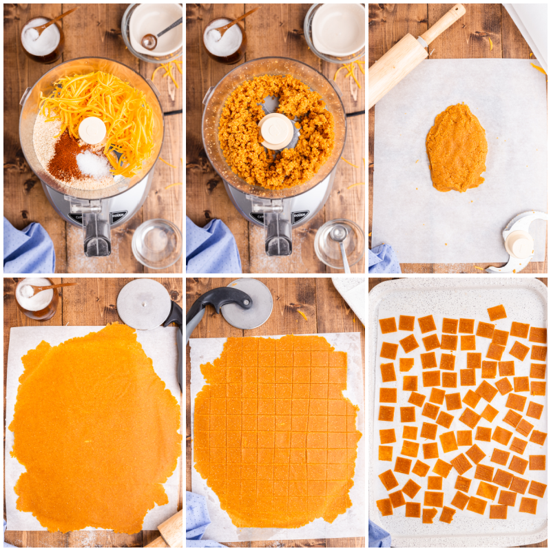 Collage of six photos of the process of making Keto Smoked Cheddar Crackers (Cheezits).