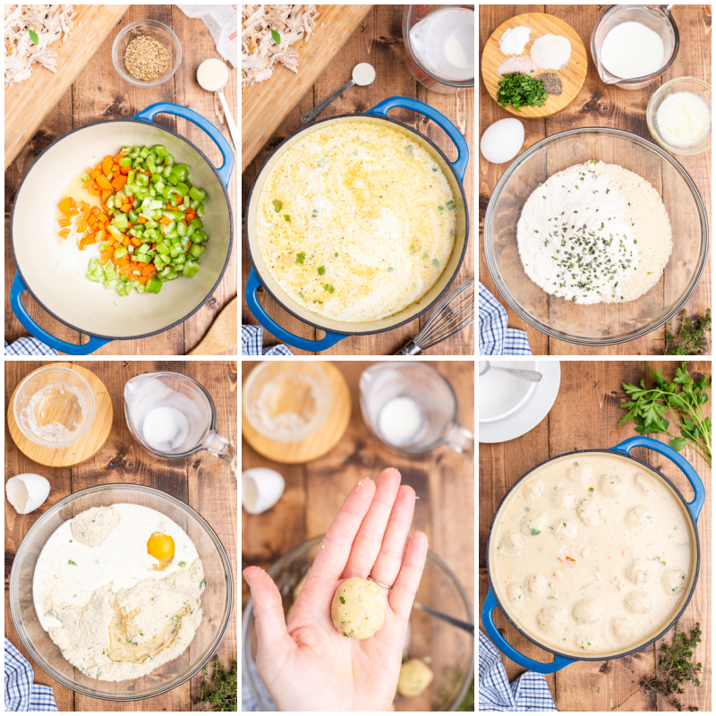 Six process photos of how to make Keto Herbed Chicken and Dumplings.