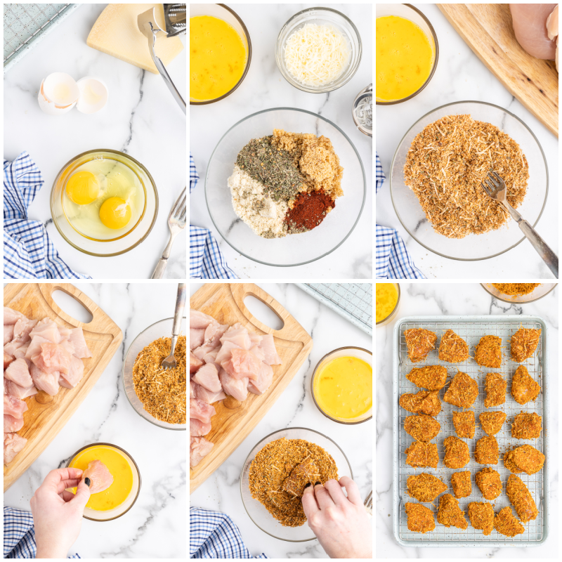 Six photo of the process of making Keto Chicken Nuggets.